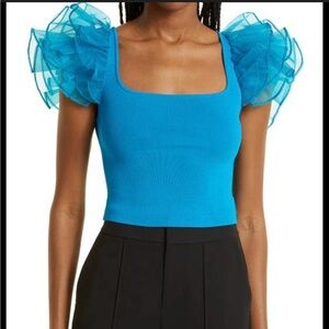 Alice + Olivia Meridia Blue Ruffle Sleeve Top